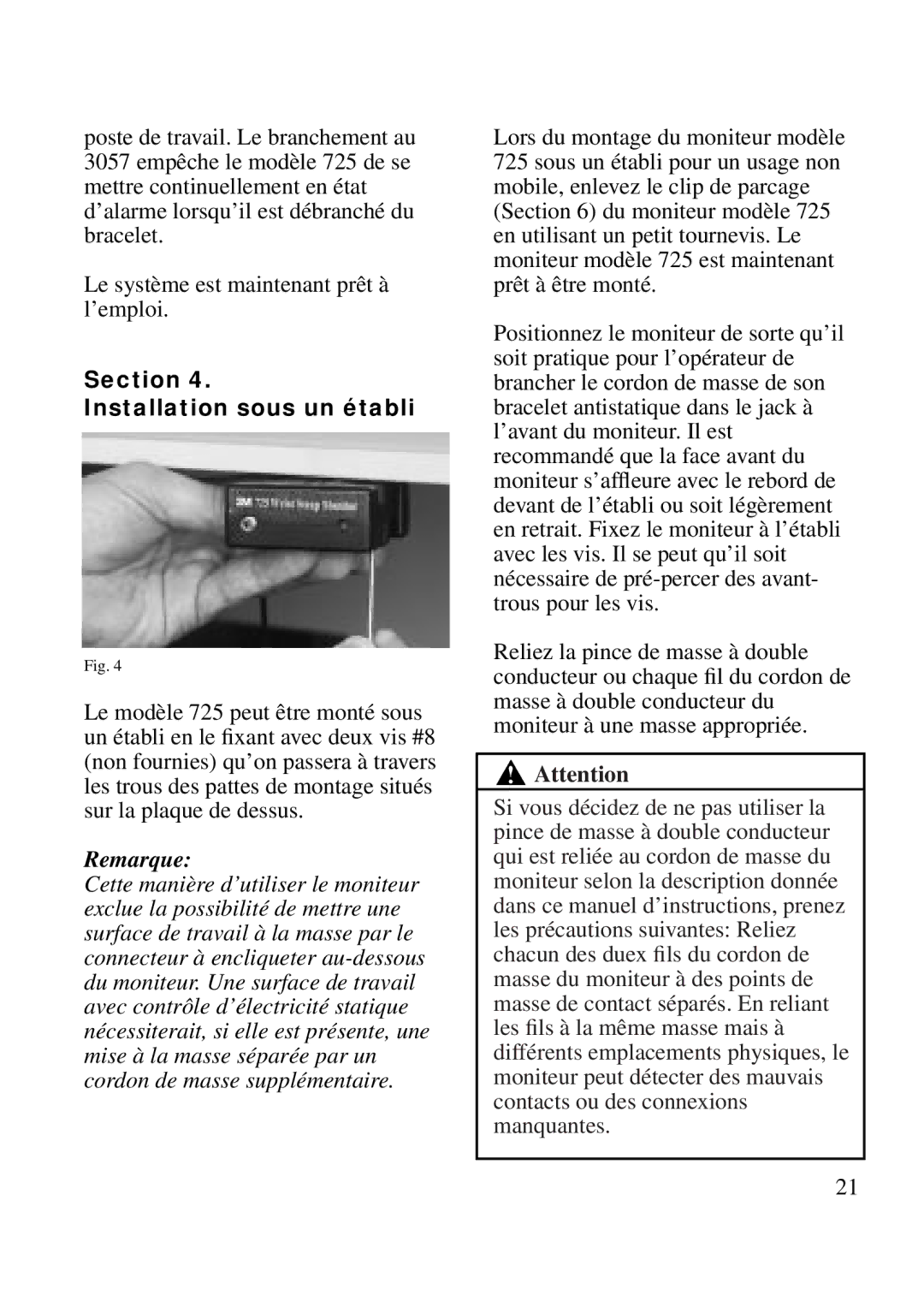 3M 725 manual Section Installation sous un établi 