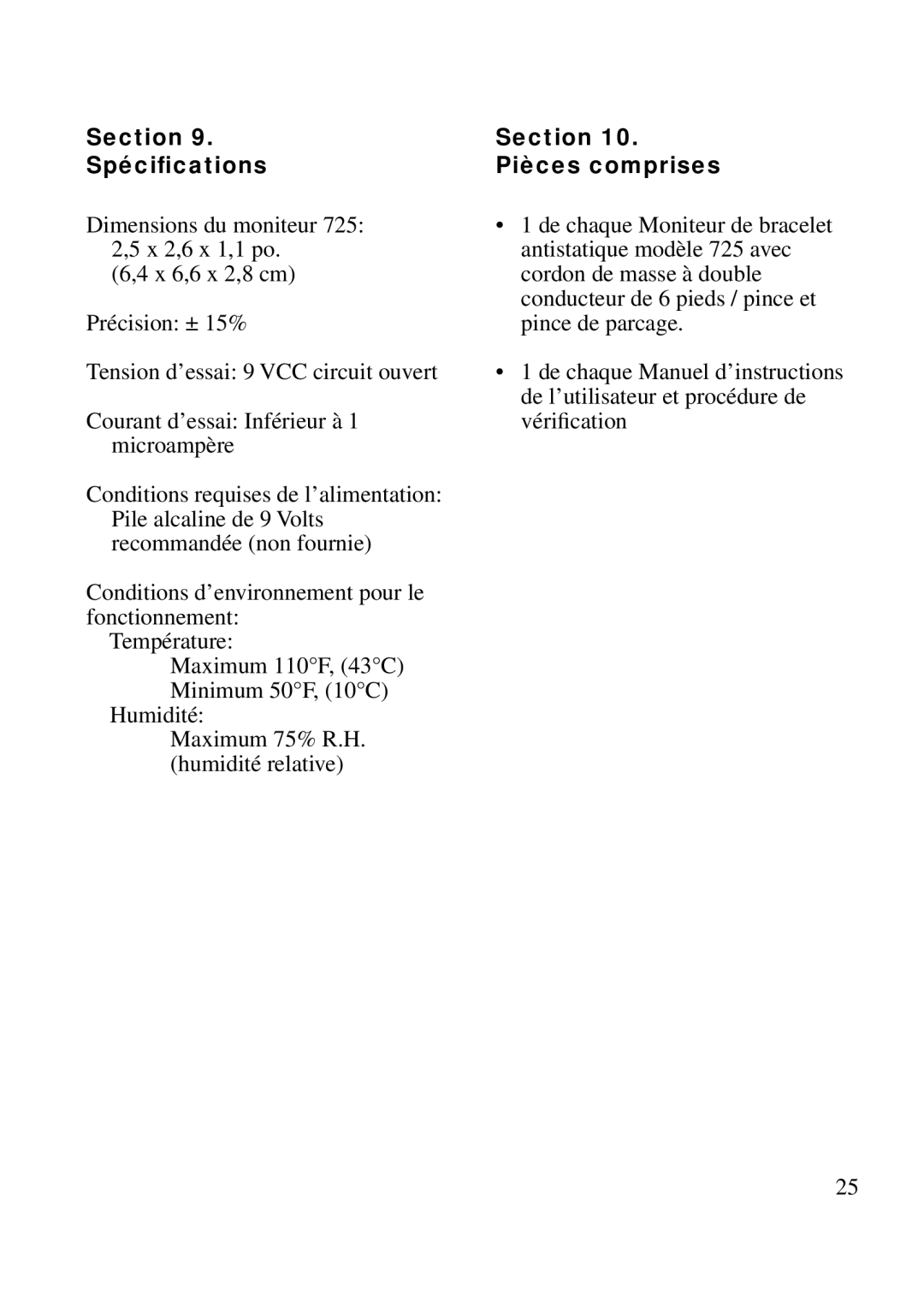 3M 725 manual Section Spéciﬁcations, Section Pièces comprises 