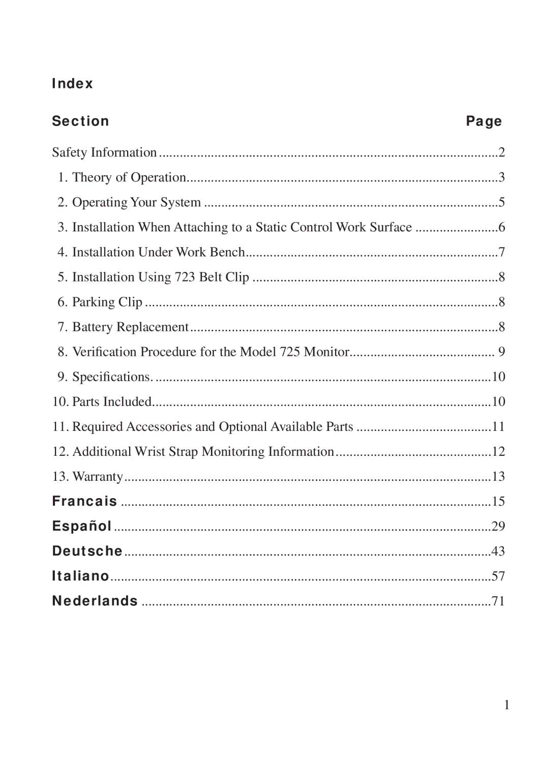 3M 725 manual Index Section, Safety Information Theory of Operation 