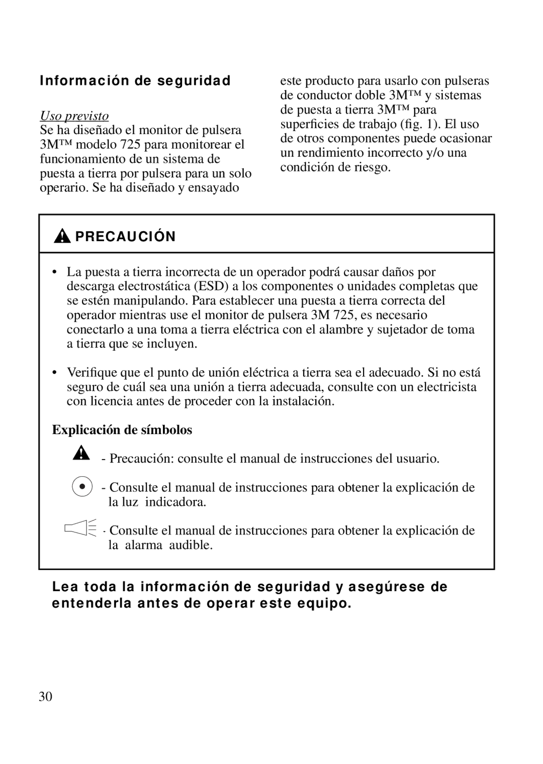 3M 725 manual Información de seguridad, Uso previsto, Explicación de símbolos 