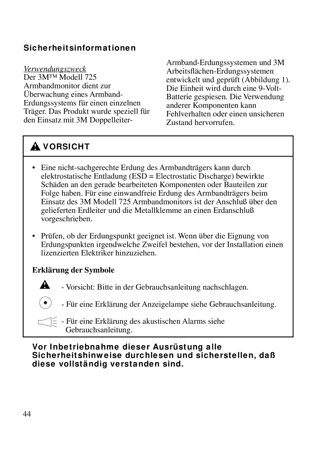 3M 725 manual Sicherheitsinformationen, Verwendungszweck, Erklärung der Symbole 