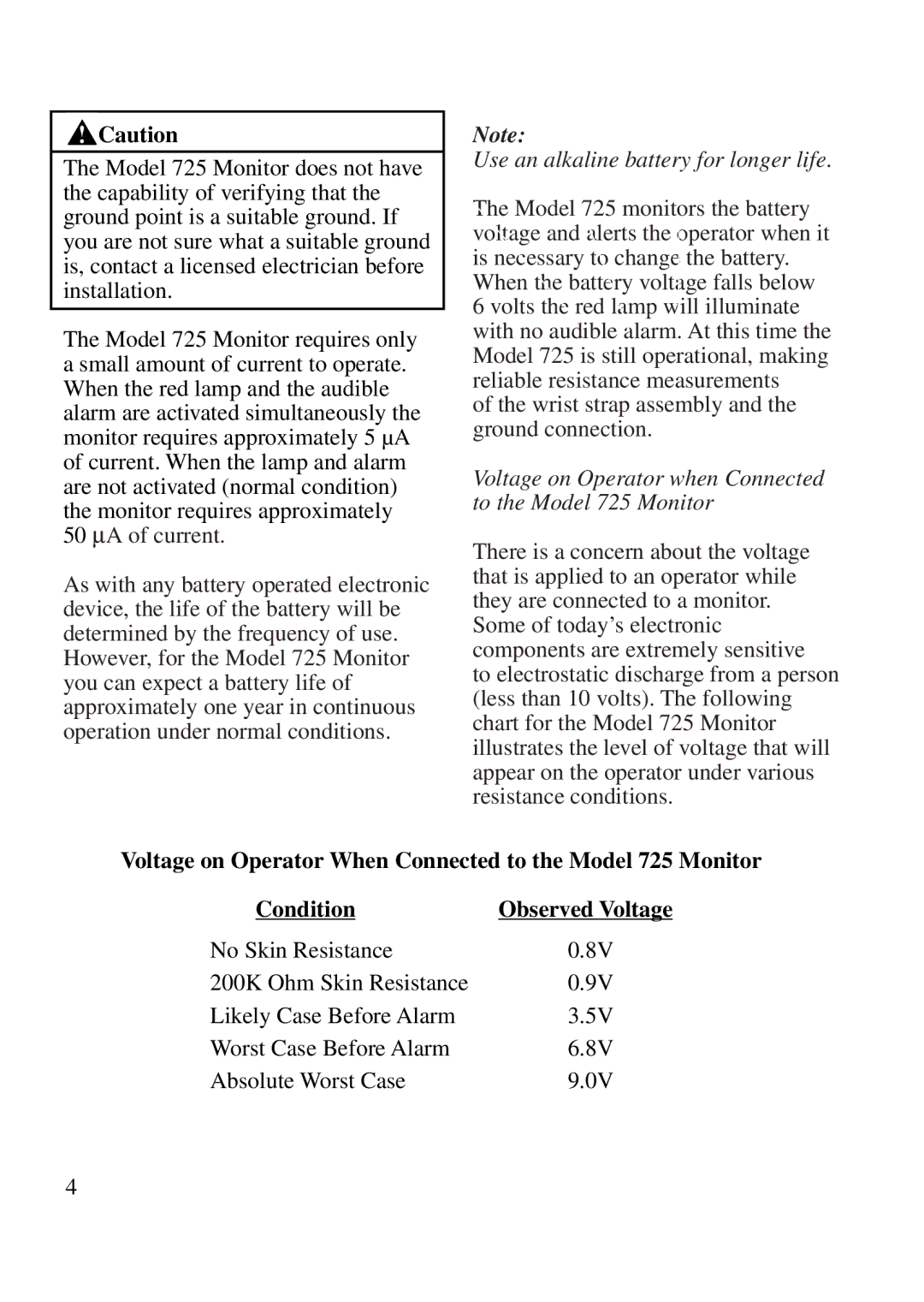3M manual Use an alkaline battery for longer life, Voltage on Operator when Connected to the Model 725 Monitor 