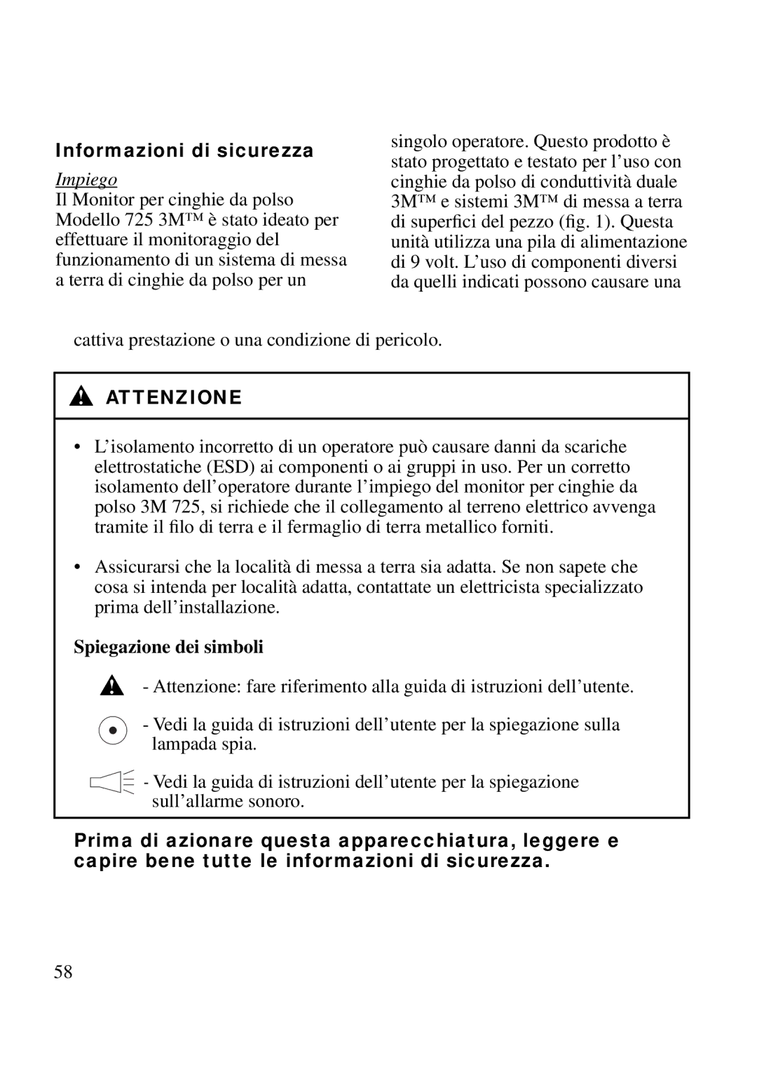 3M 725 manual Informazioni di sicurezza, Impiego, Spiegazione dei simboli 