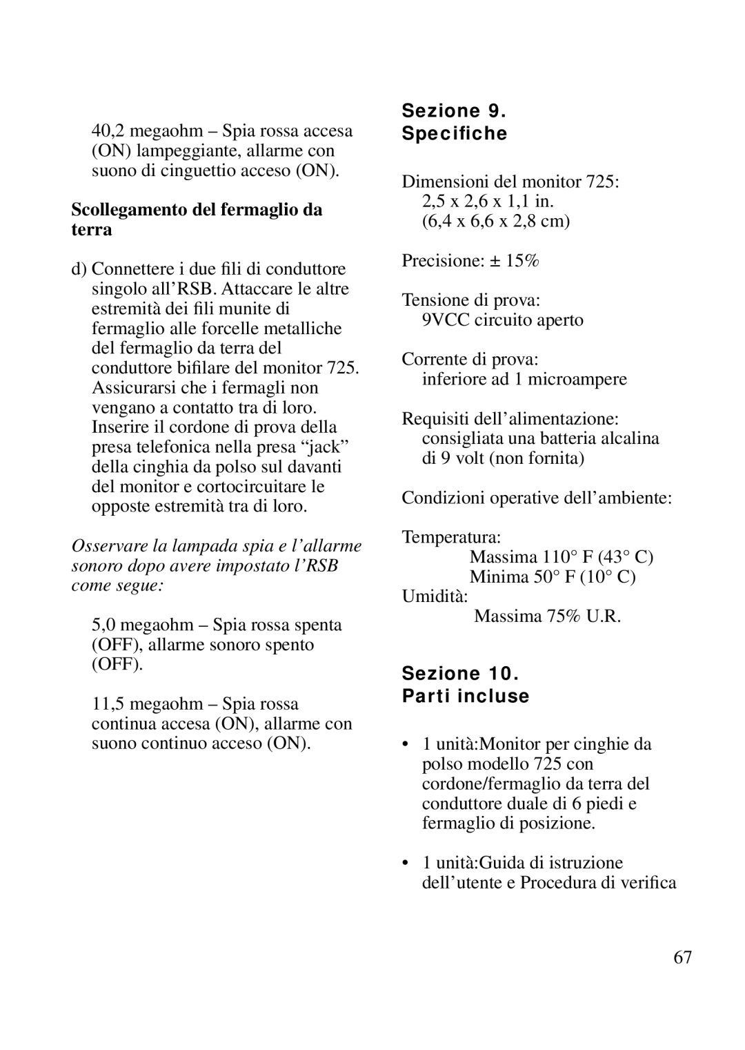 3M 725 manual Scollegamento del fermaglio da terra, Sezione Speciﬁche, Sezione Parti incluse 