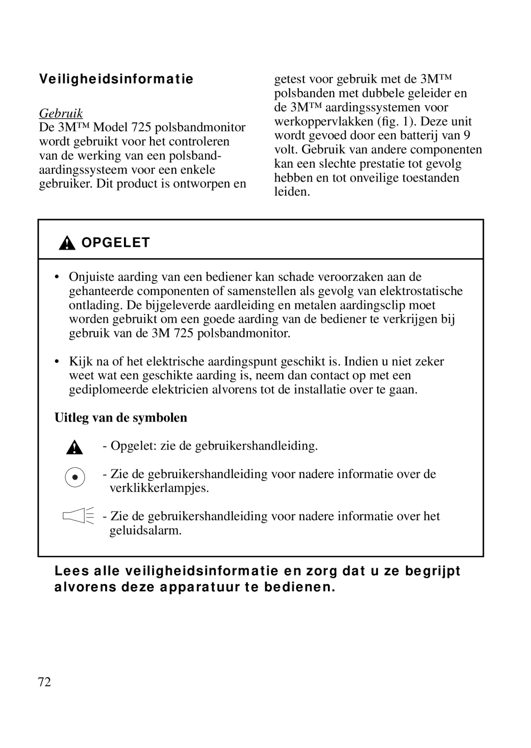 3M 725 manual Veiligheidsinformatie, Gebruik, Uitleg van de symbolen 