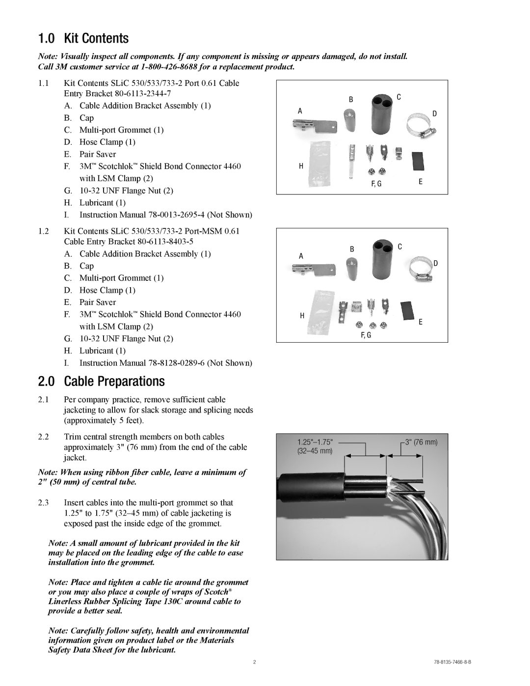 3M 530, 733, 533 manual Kit Contents, Cable Preparations 