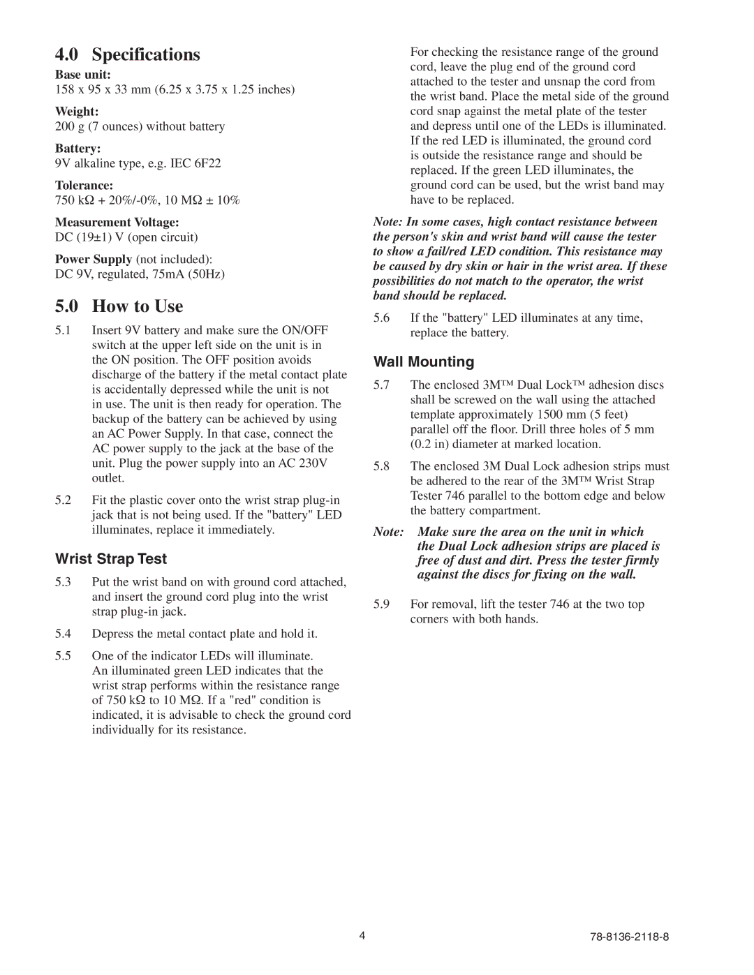 3M 746 manual Specifications, How to Use, Wrist Strap Test, Wall Mounting 