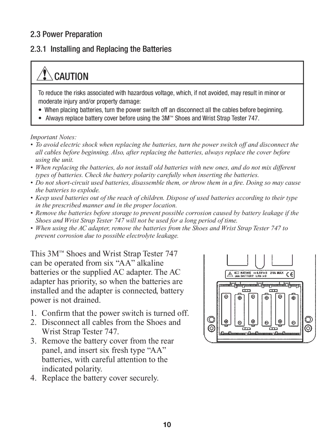 3M 747 manual Power Preparation Installing and Replacing the Batteries 