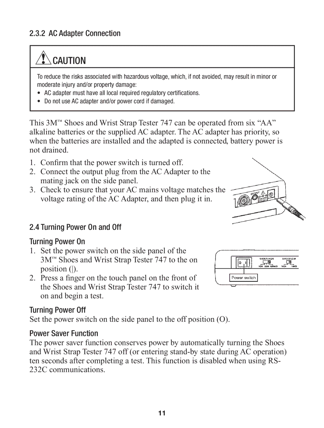 3M 747 manual AC Adapter Connection, Turning Power On and Off, Turning Power Off, Power Saver Function 