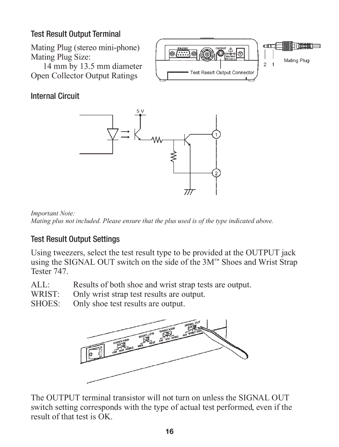 3M 747 manual Test Result Output Terminal, Internal Circuit, Test Result Output Settings 