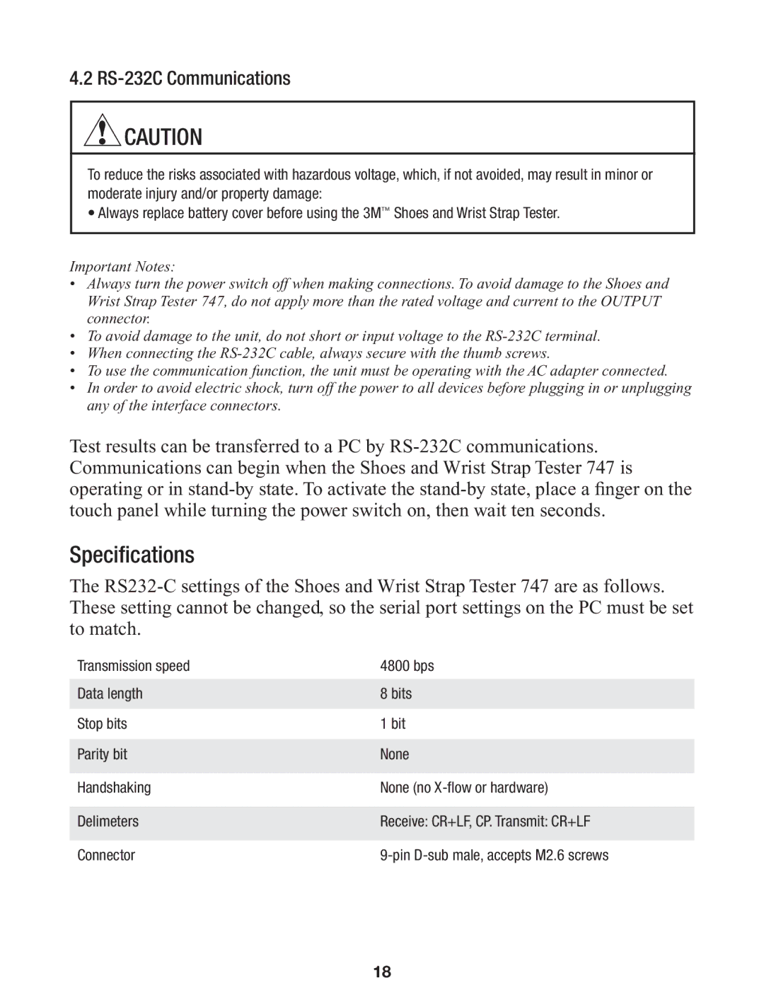 3M 747 manual Specifications, RS-232C Communications 