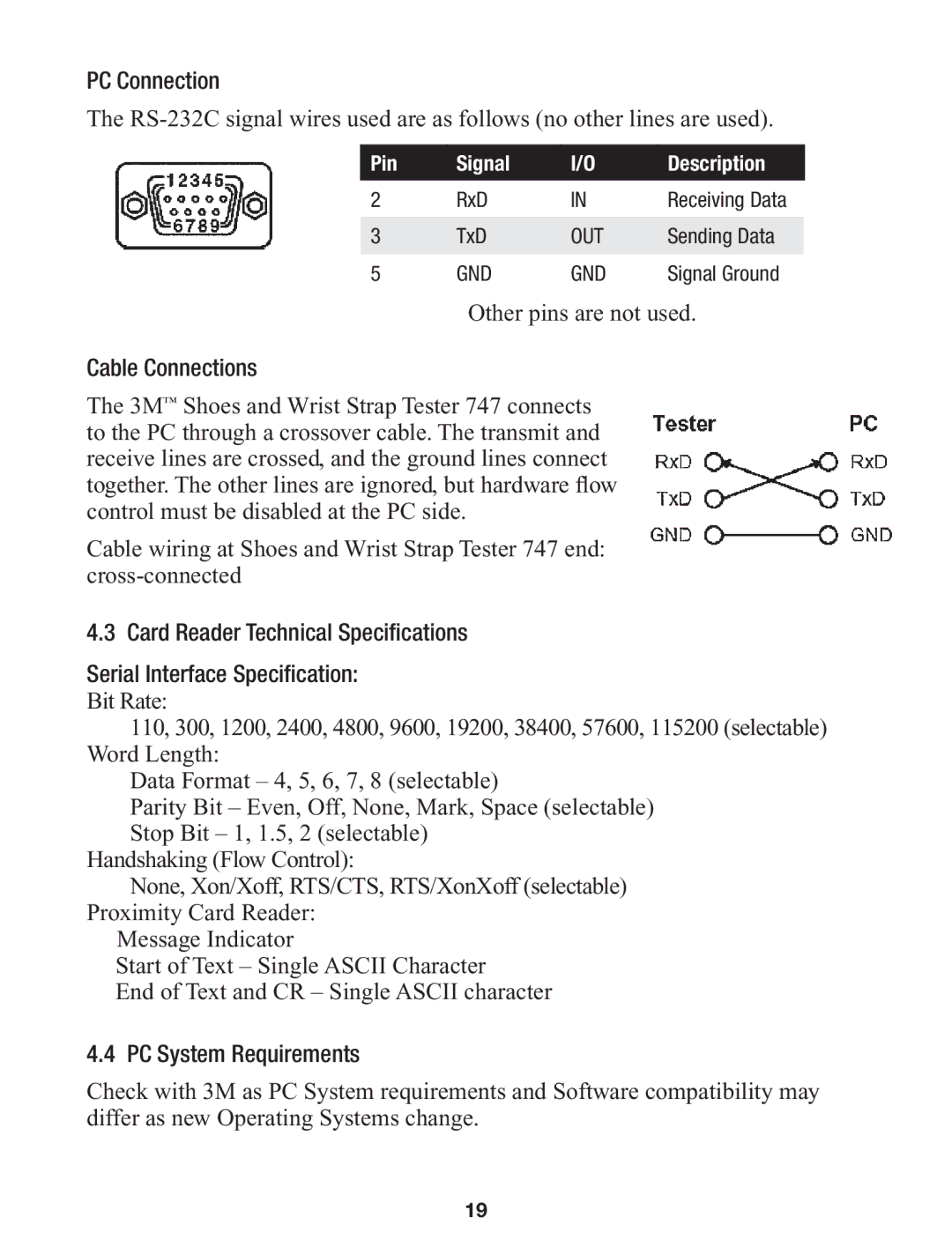 3M 747 manual PC Connection, Cable Connections, PC System Requirements 