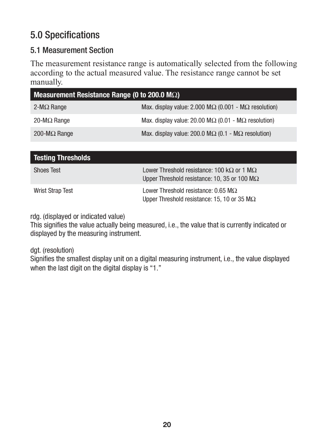 3M 747 manual Measurement Section, Measurement Resistance Range 0 to 200.0 MΩ 