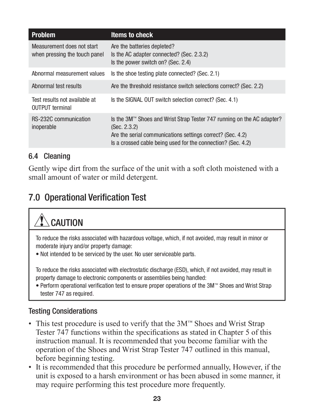 3M 747 manual Operational Verification Test, Cleaning, Testing Considerations 