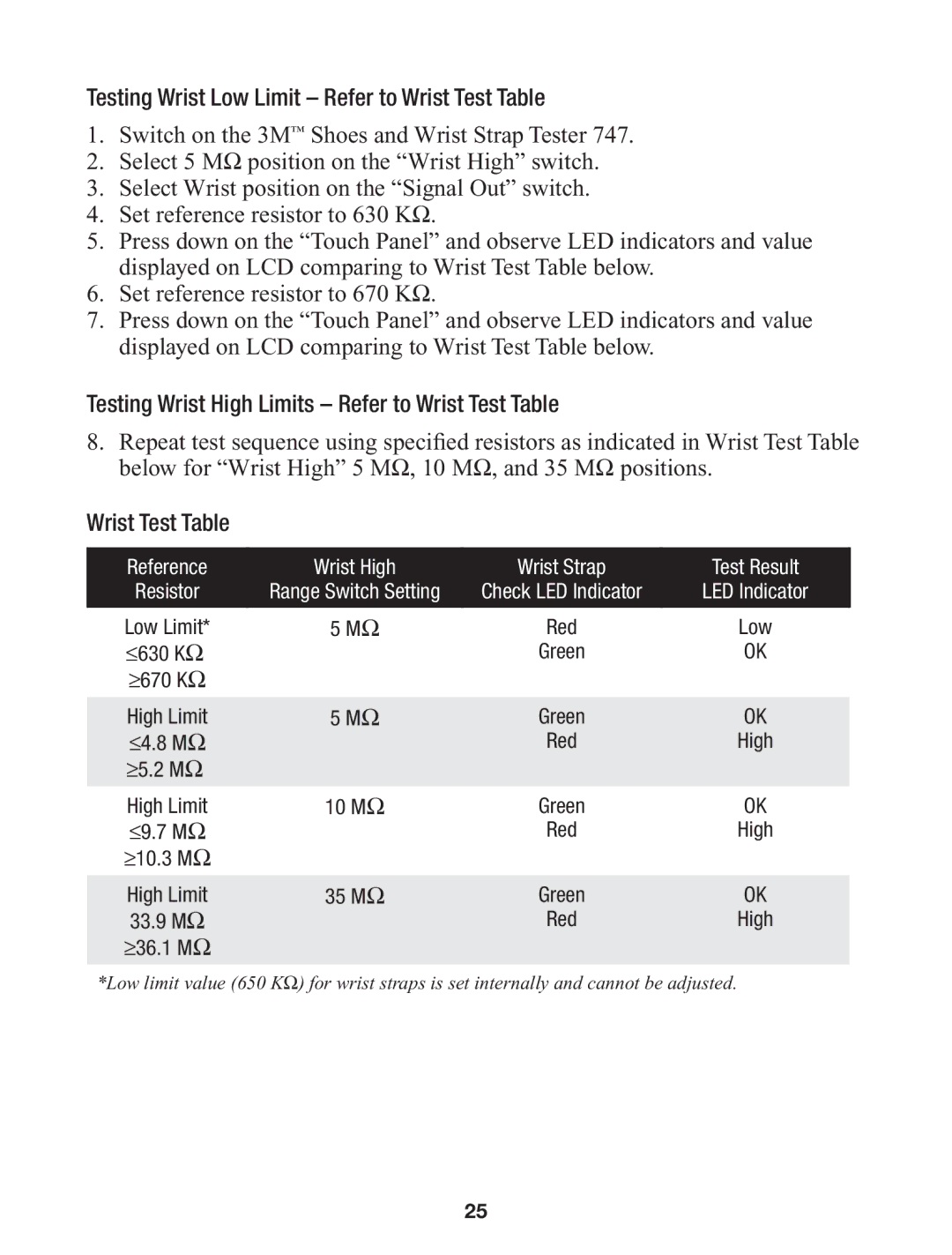 3M 747 manual Testing Wrist Low Limit Refer to Wrist Test Table, Testing Wrist High Limits Refer to Wrist Test Table 