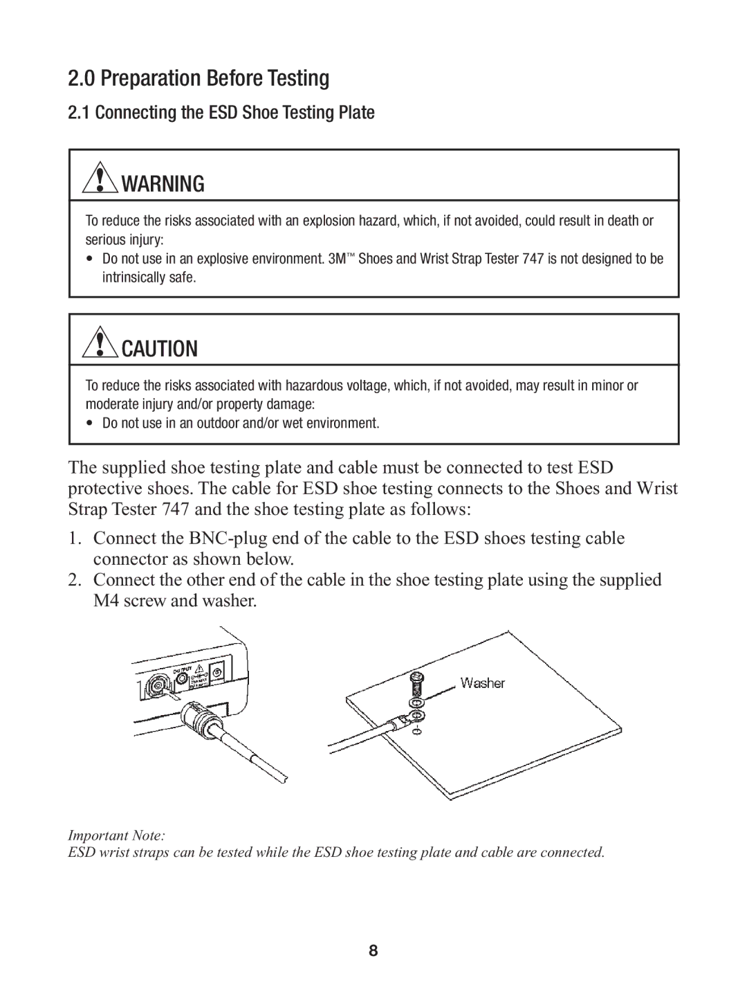 3M 747 manual Preparation Before Testing, Connecting the ESD Shoe Testing Plate 