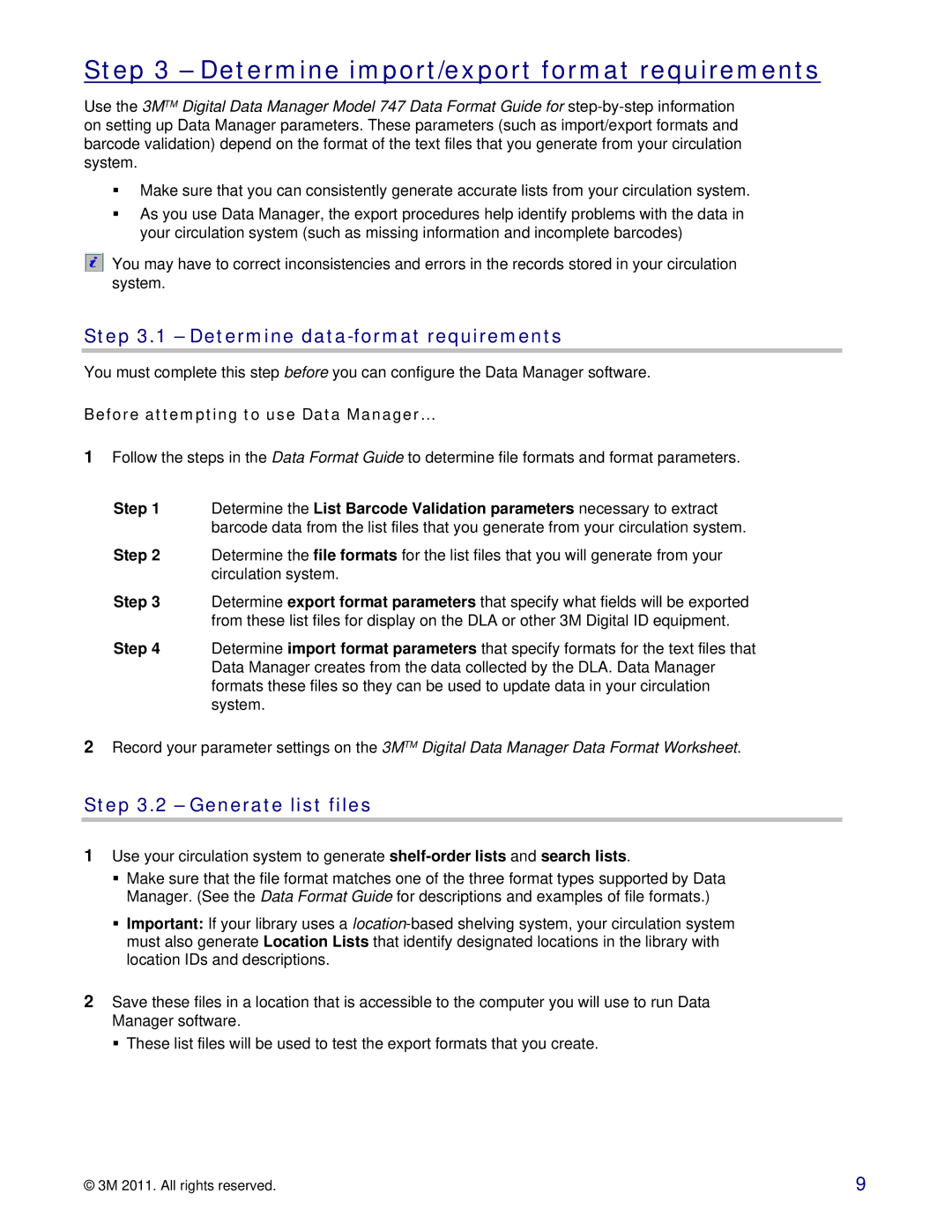 3M 747 setup guide Determine import/export format requirements, Determine data-format requirements, Generate list files 