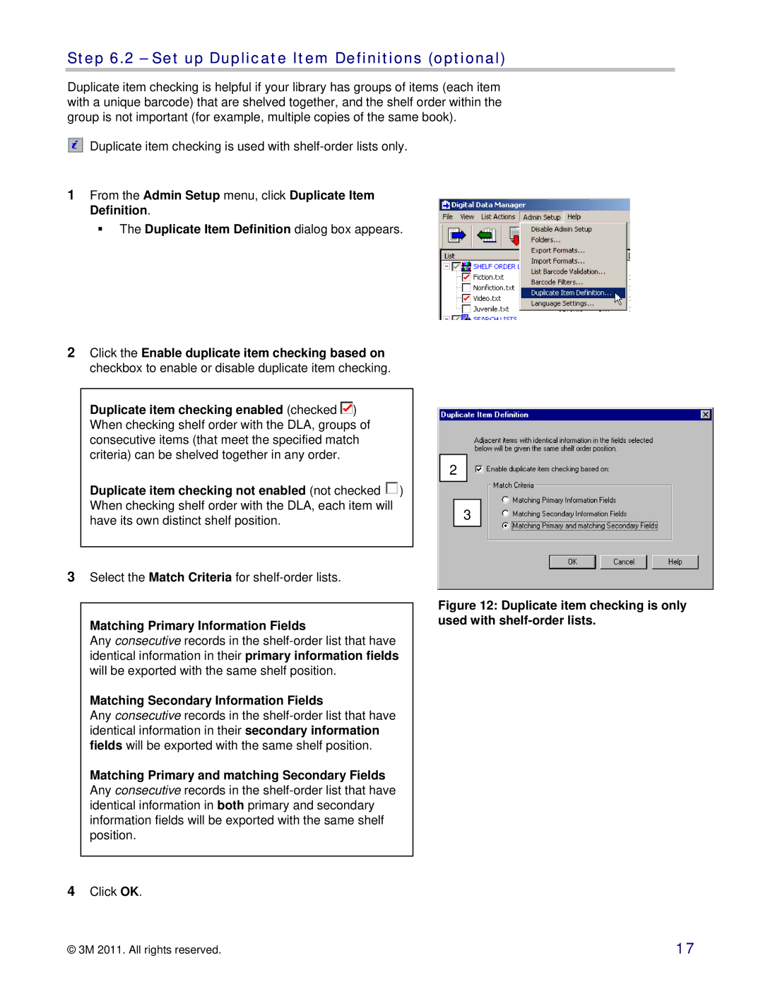 3M 747 setup guide Set up Duplicate Item Definitions optional, Matching Primary Information Fields 