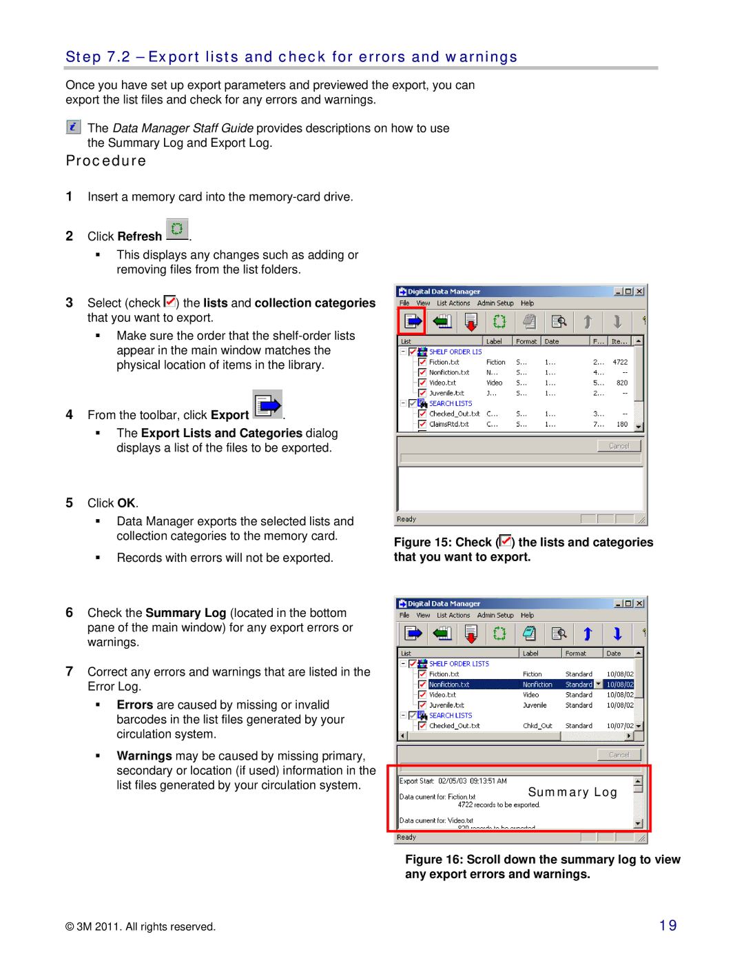 3M 747 setup guide Export lists and check for errors and warnings, Click Refresh, Summary Log 