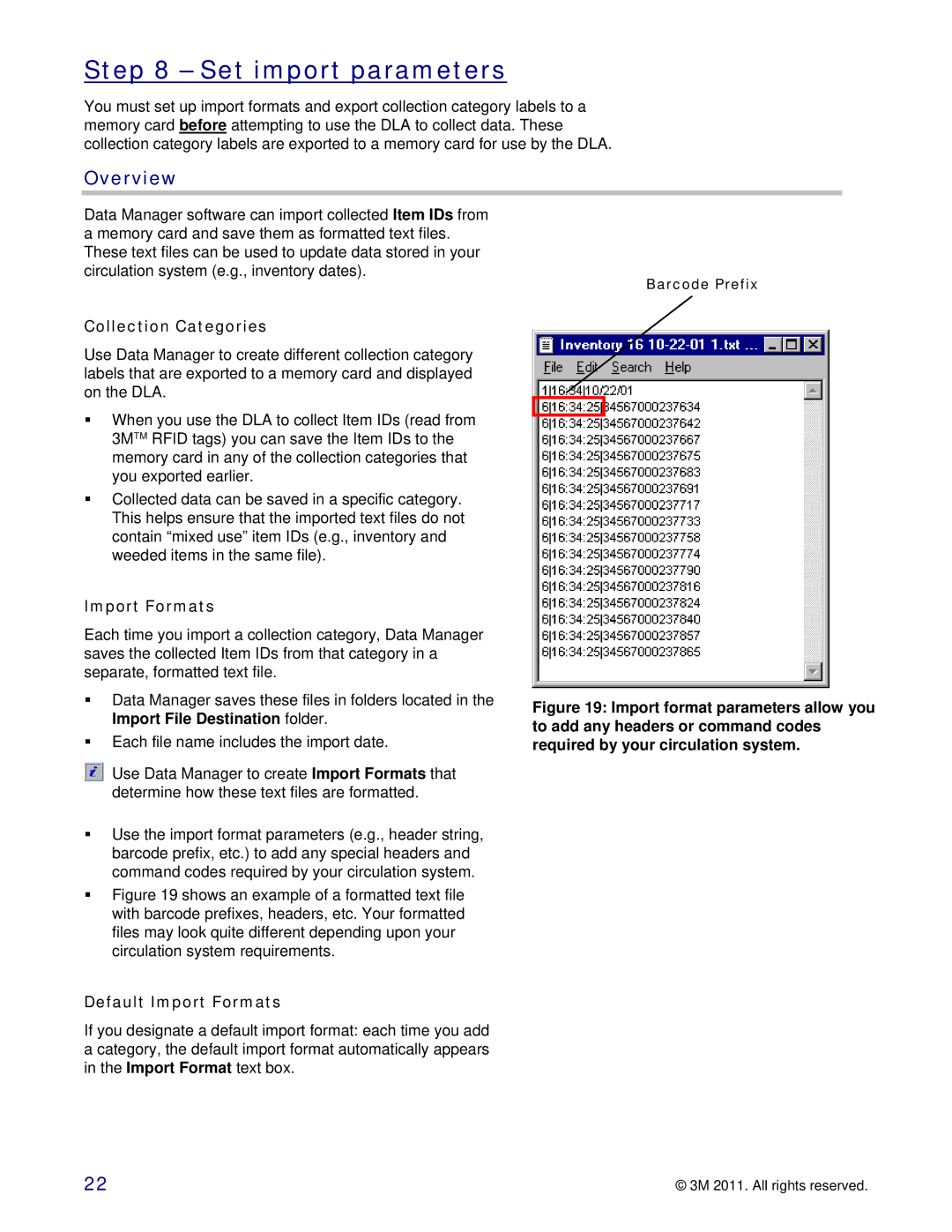 3M 747 setup guide Set import parameters, Overview, Collection Categories, Default Import Formats 