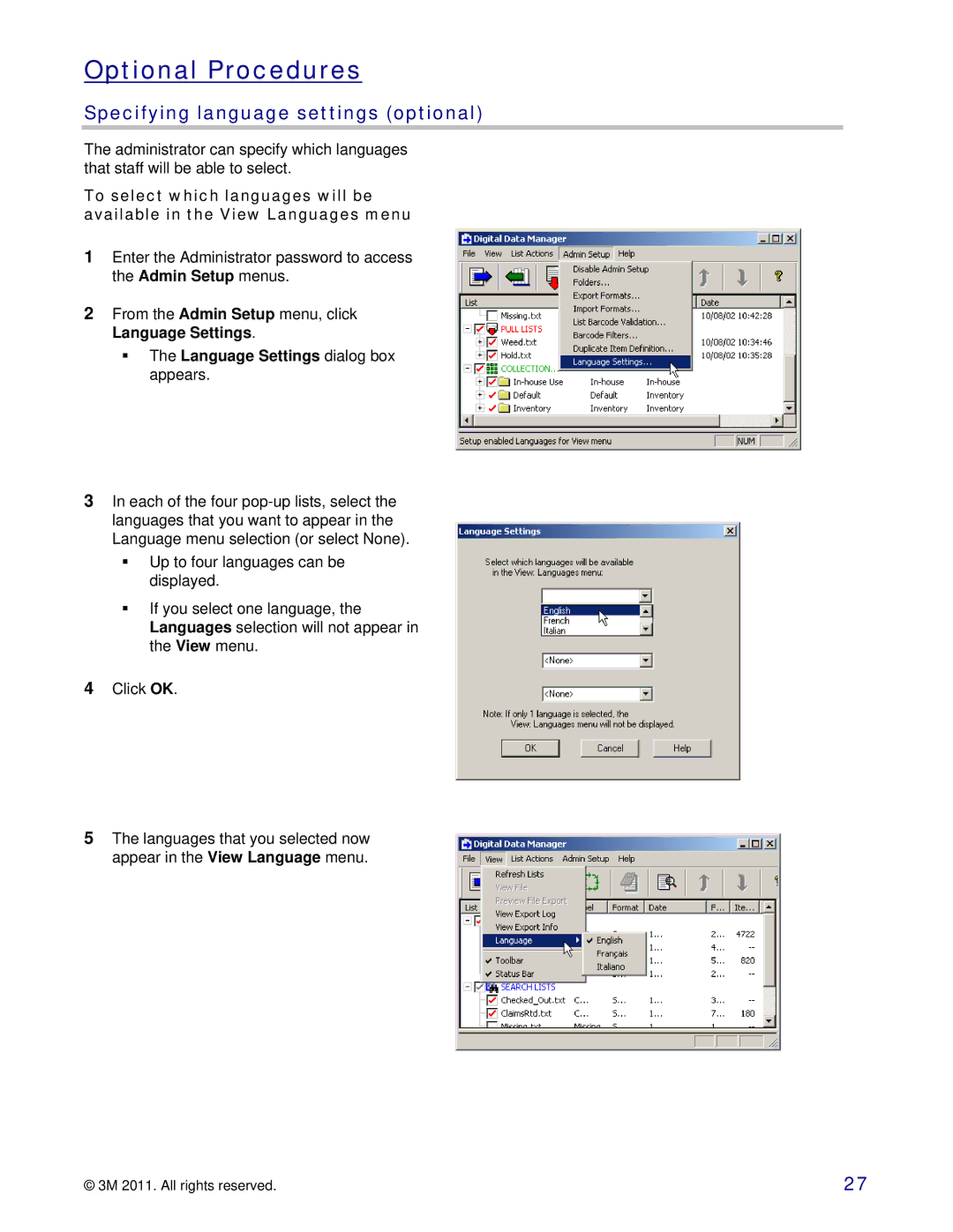 3M 747 setup guide Optional Procedures, Specifying language settings optional, Language Settings dialog box appears 