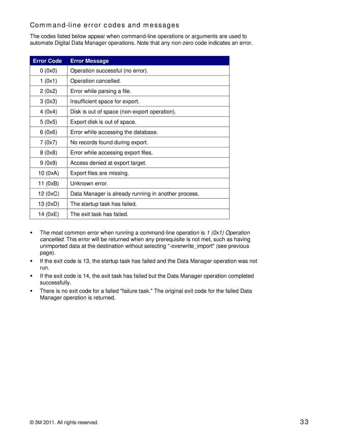 3M 747 setup guide Command-line error codes and messages, Error Code Error Message 