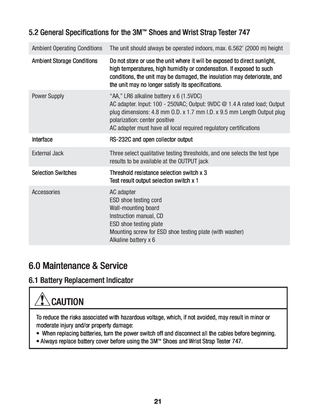 3M 747 manual Maintenance & Service, General Specifications for the 3M Shoes and Wrist Strap Tester 