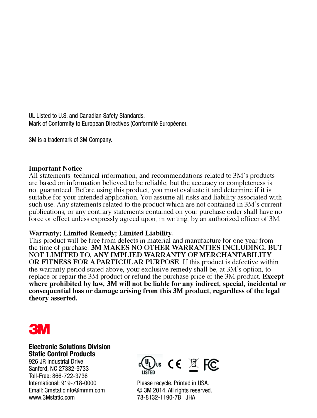 3M 747 manual Important Notice, Electronic Solutions Division Static Control Products 