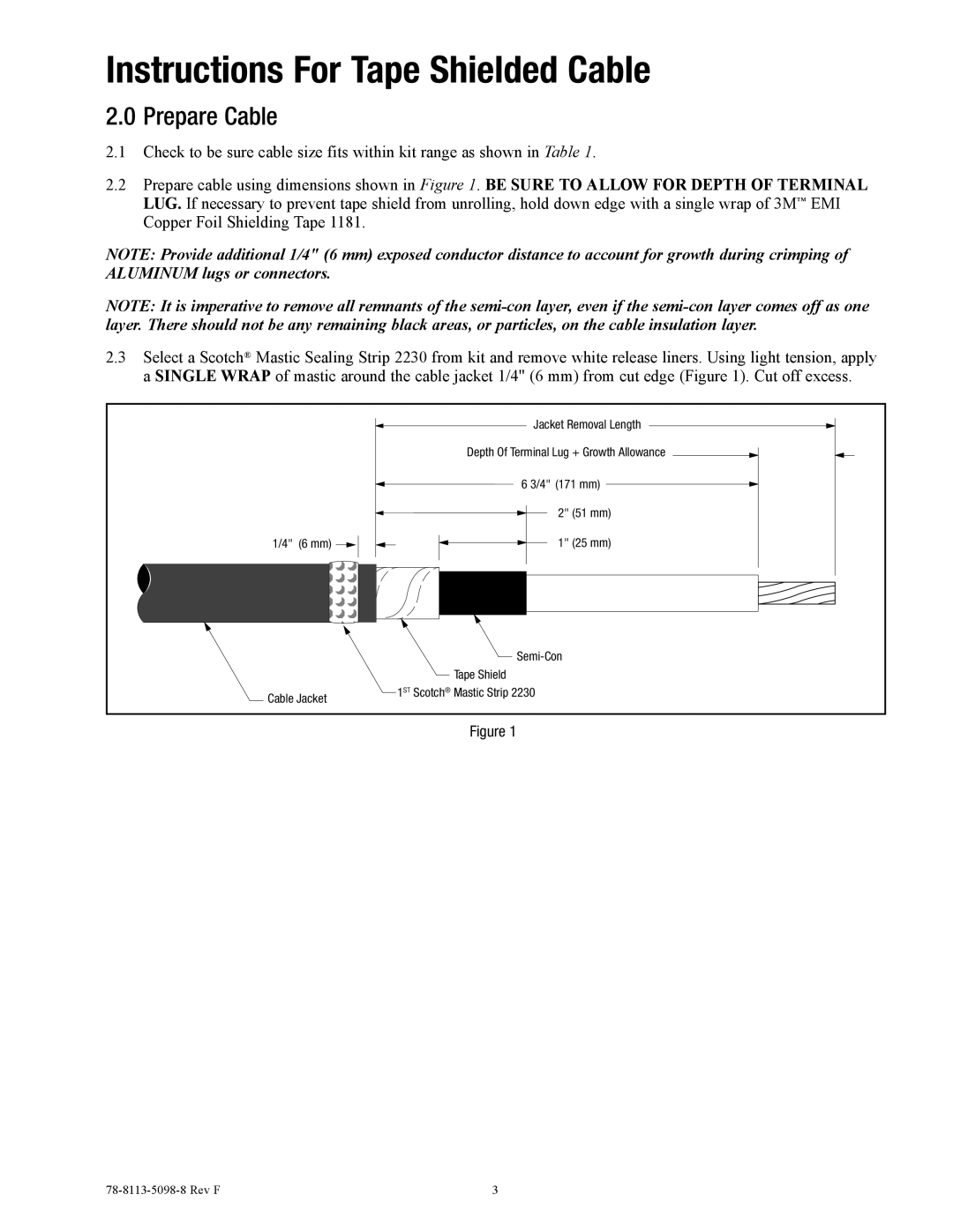 3M 7620-T-95 manual Instructions For Tape Shielded Cable, Prepare Cable 