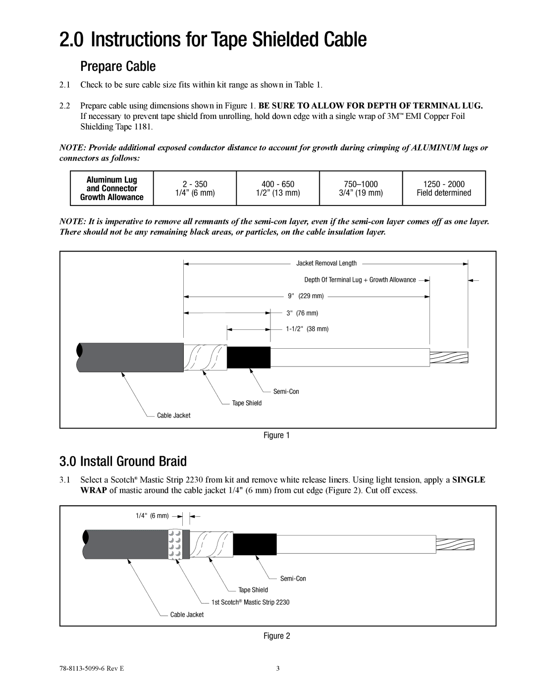 3M 7623-T-110 Instructions for Tape Shielded Cable, Prepare Cable, Install Ground Braid, Aluminum Lug 400 750-1000 1250 