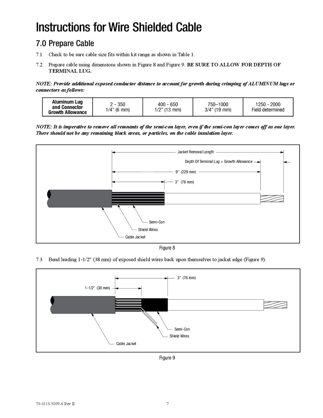 3M 7624-T-110, 7626-T-110, 7622-T-110, 7623-T-110, 7625-T-110 manual Instructions for Wire Shielded Cable, Terminal LUG 