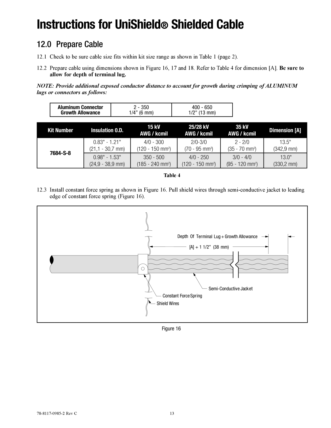 3M 7684-S-8 manual Instructions for UniShield Shielded Cable, Allow for depth of terminal lug 