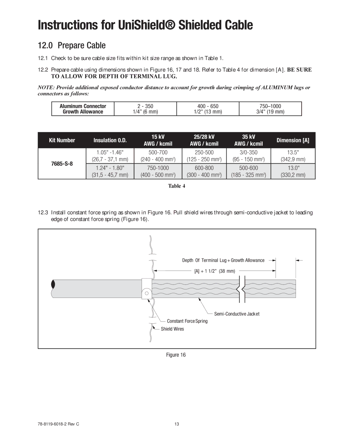 3M 7685-S-8 manual Instructions for UniShield Shielded Cable, To Allow for Depth of Terminal LUG 