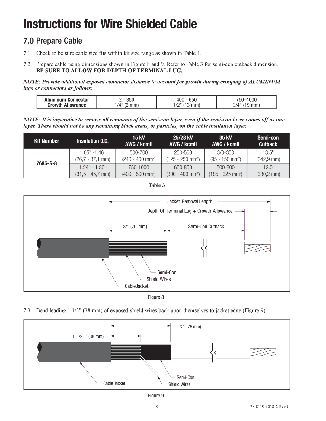 3M 7685-S-8 manual Instructions for Wire Shielded Cable, Be Sure to Allow for Depth of Terminal LUG 