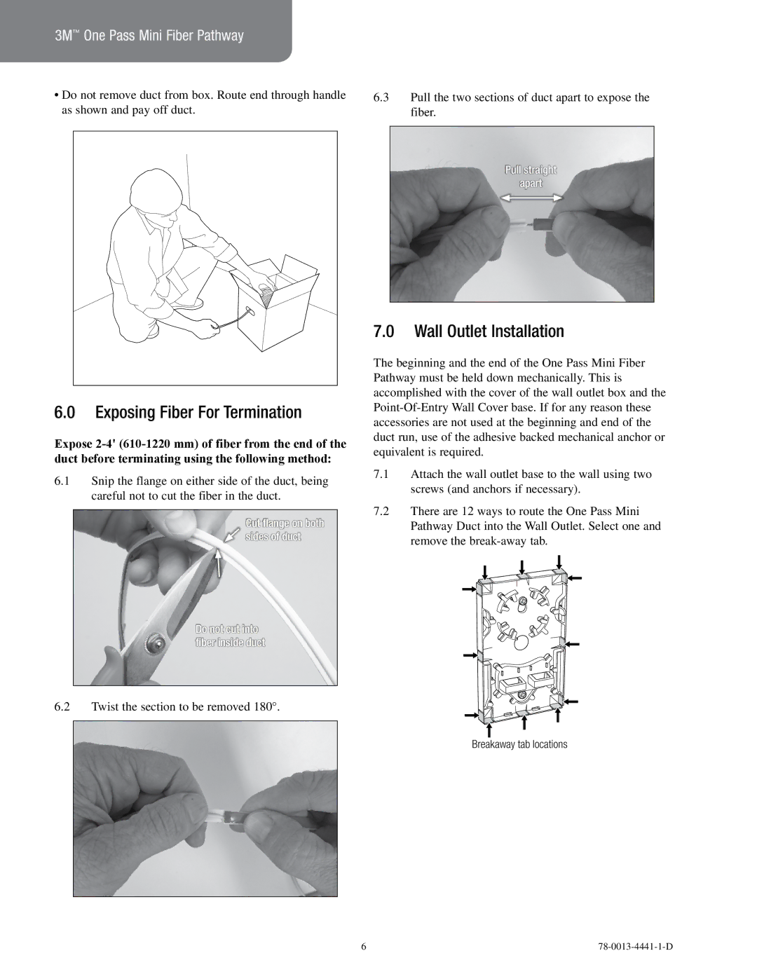 3M 78-0013-4441-1-D installation instructions Exposing Fiber For Termination, Wall Outlet Installation 