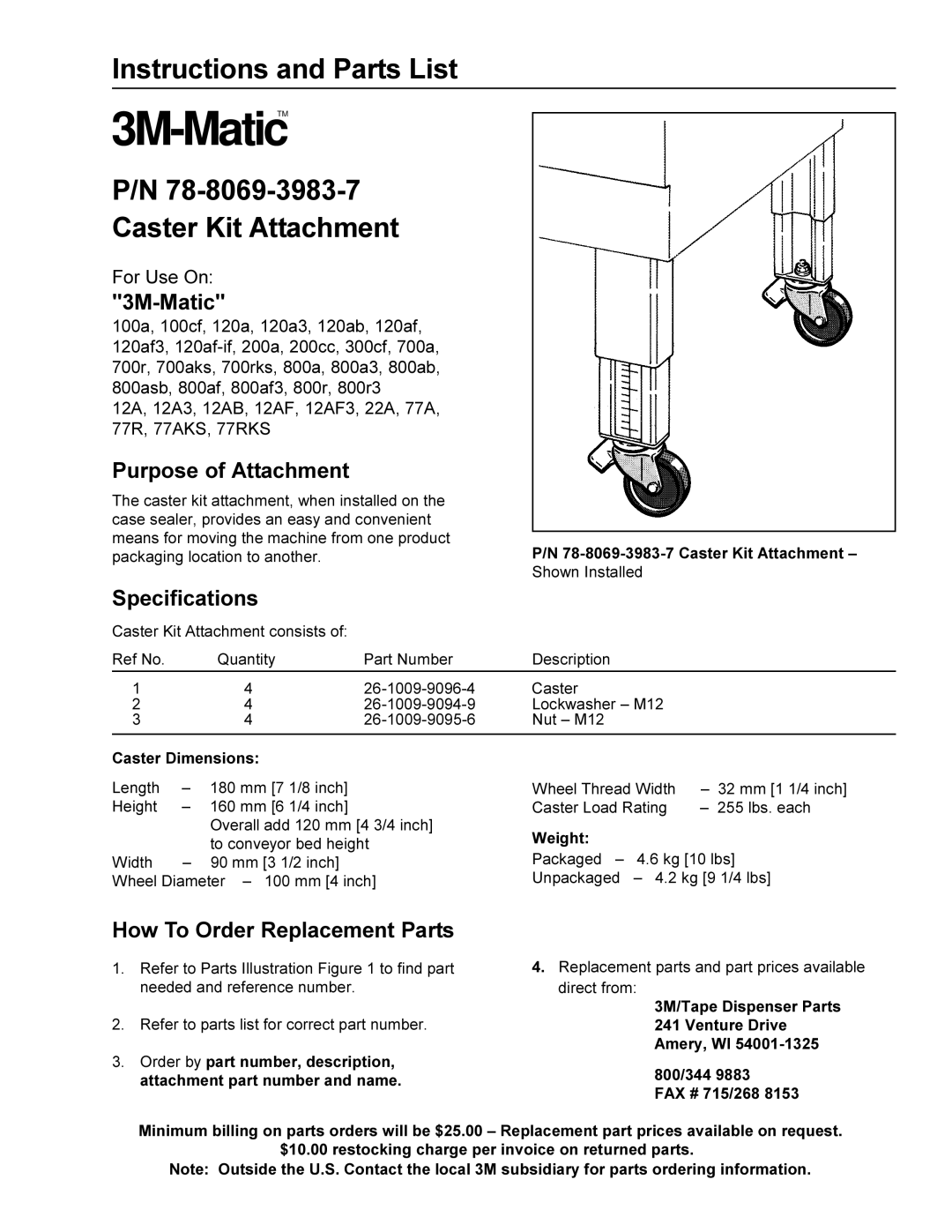 3M 78-8069-3983-7 specifications 3M-Matic, Purpose of Attachment, Specifications, How To Order Replacement Parts 