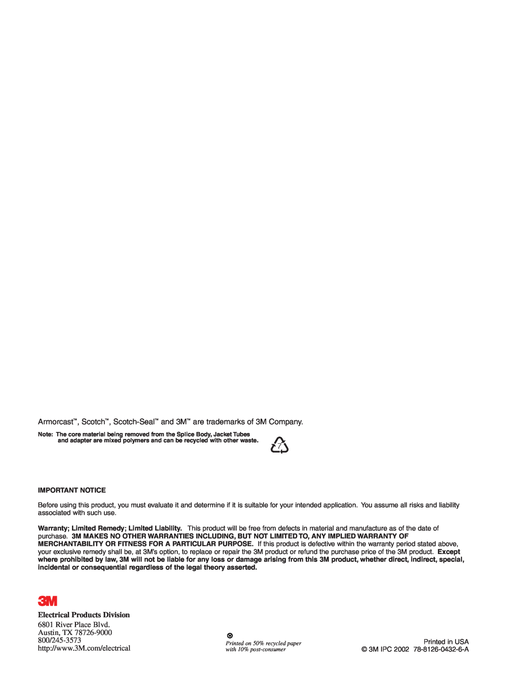 3M 5797A-MT manual Electrical Products Division, Important Notice, 3M IPC 2002 78-8126-0432-6-A 