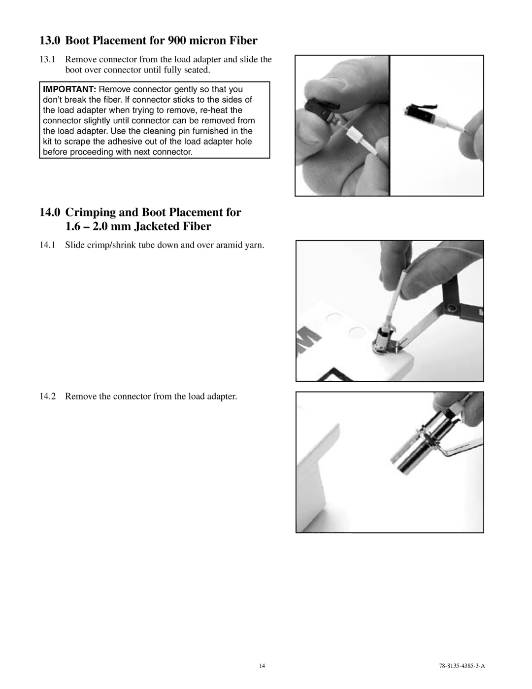 3M 78-8135-4385-3-A manual Boot Placement for 900 micron Fiber, Crimping and Boot Placement for 1.6 2.0 mm Jacketed Fiber 