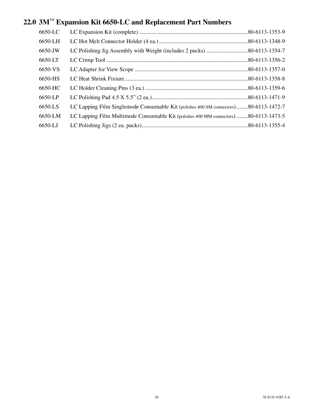 3M 78-8135-4385-3-A manual 22.0 3M Expansion Kit 6650-LC and Replacement Part Numbers, 80-6113-1355-4 
