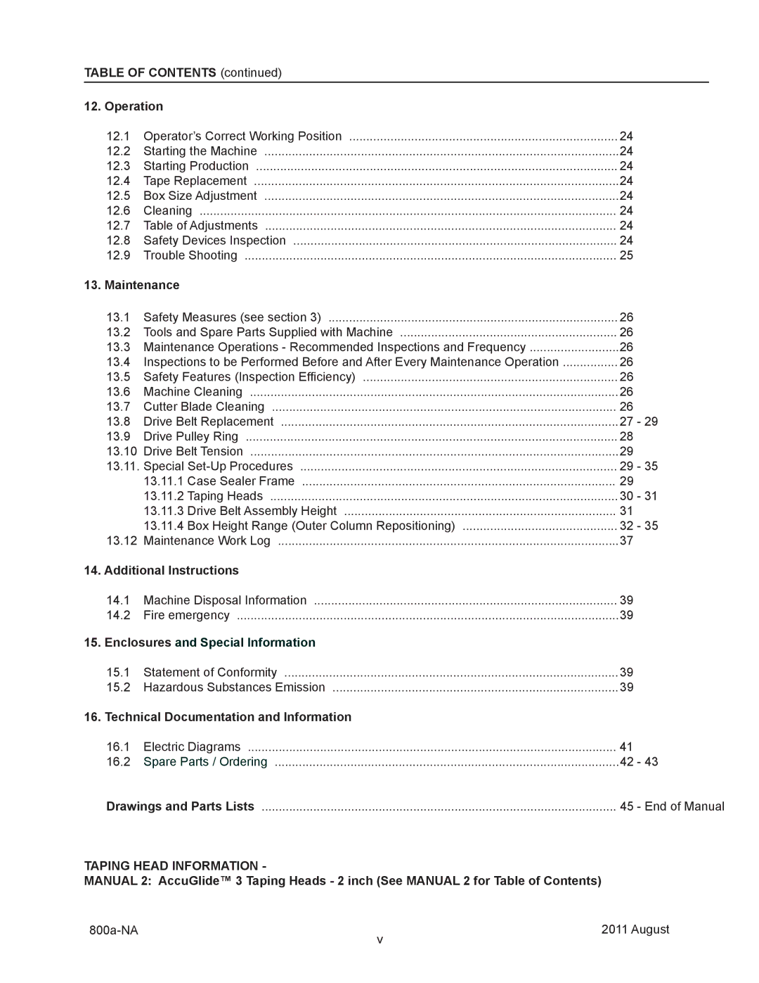 3M 800a manual Table of Contents Operation, Maintenance, Additional Instructions, Technical Documentation and Information 