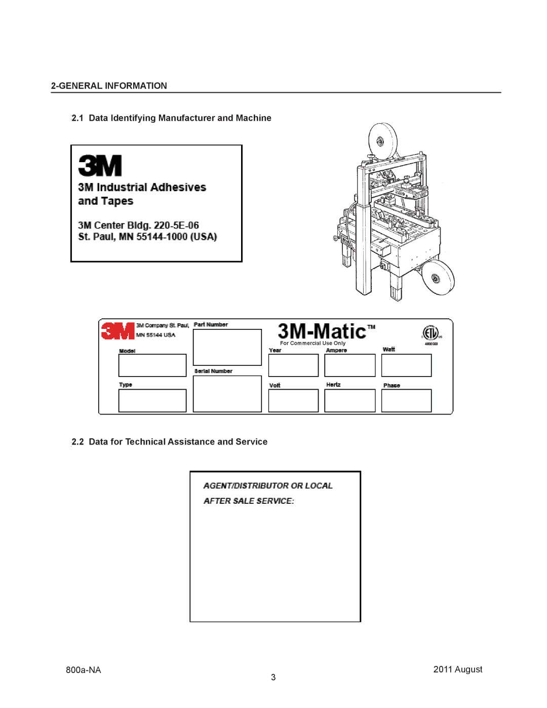 3M 800a manual General Information, Data Identifying Manufacturer and Machine, Data for Technical Assistance and Service 