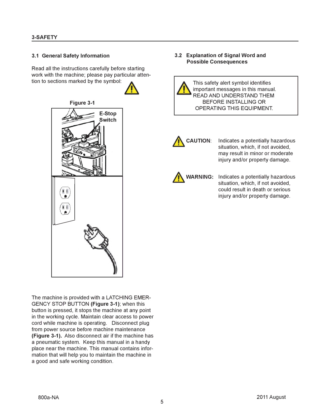 3M 800a manual General Safety Information, Stop Switch, Explanation of Signal Word and Possible Consequences 