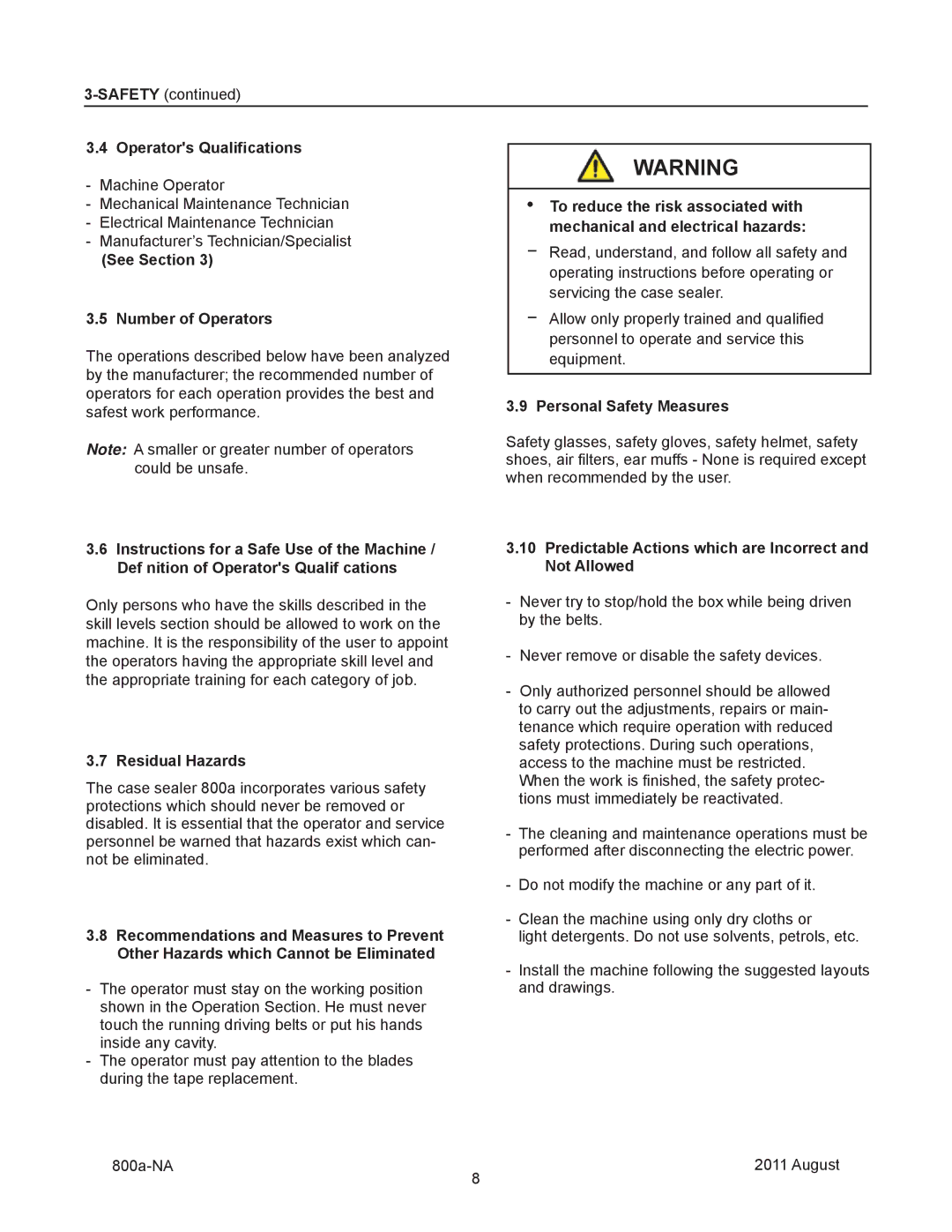 3M 800a manual Operators Qualifications, See Section Number of Operators, Residual Hazards, Personal Safety Measures 