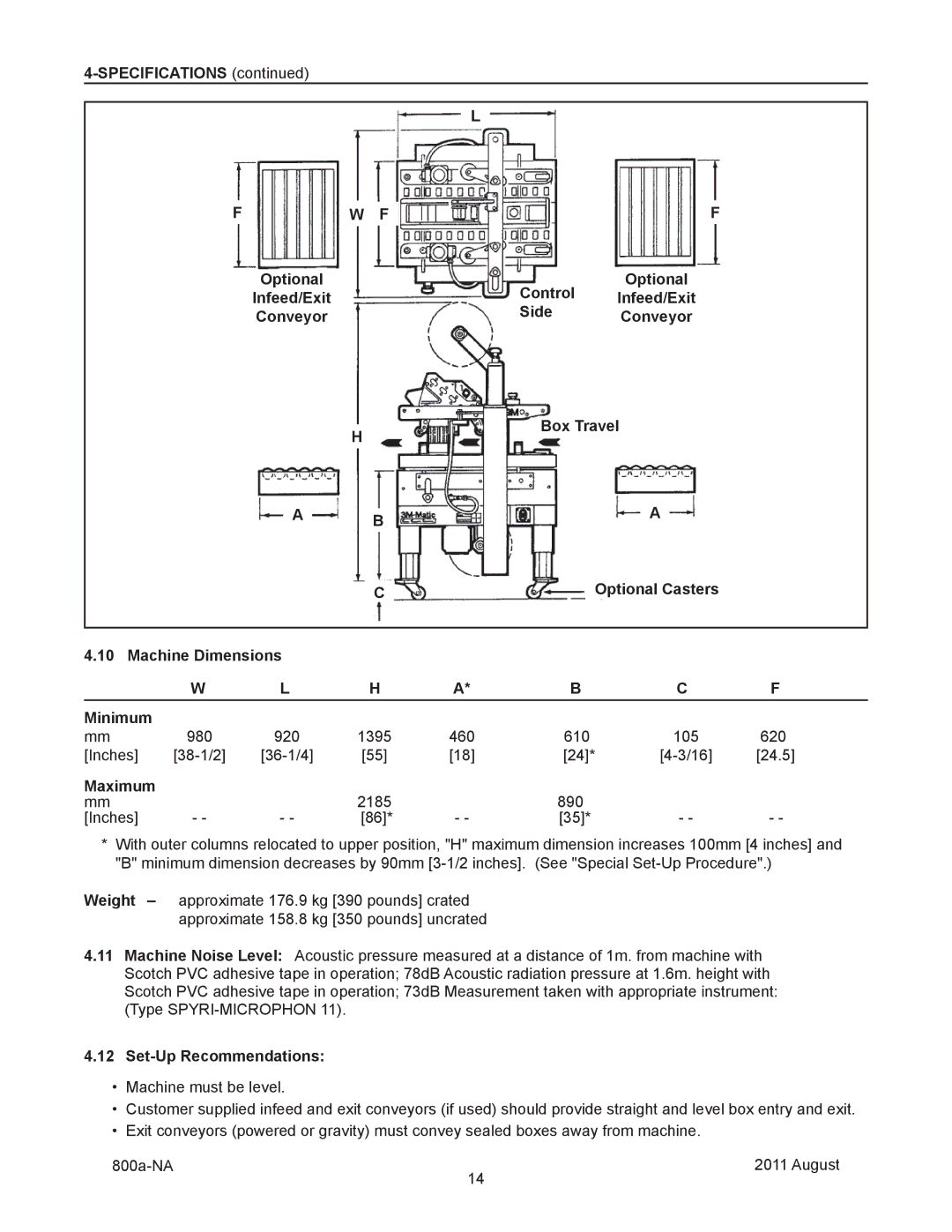 3M 800a manual Specifications Optional Infeed/Exit Control Conveyor Side, Set-Up Recommendations 