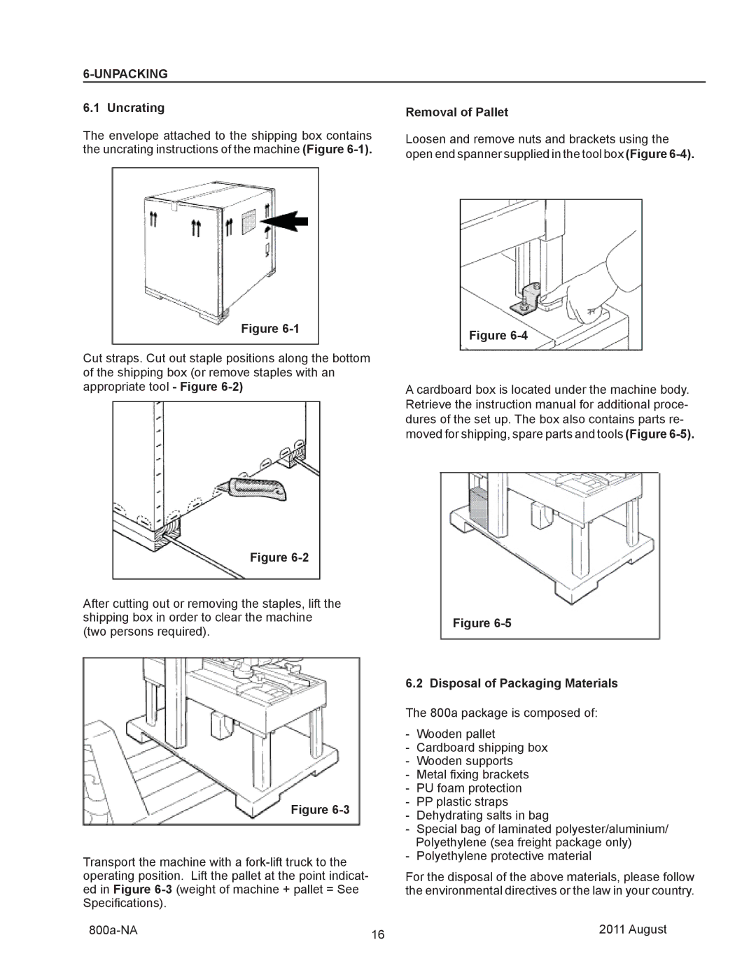 3M 800a manual Unpacking, Uncrating, Removal of Pallet, Disposal of Packaging Materials 