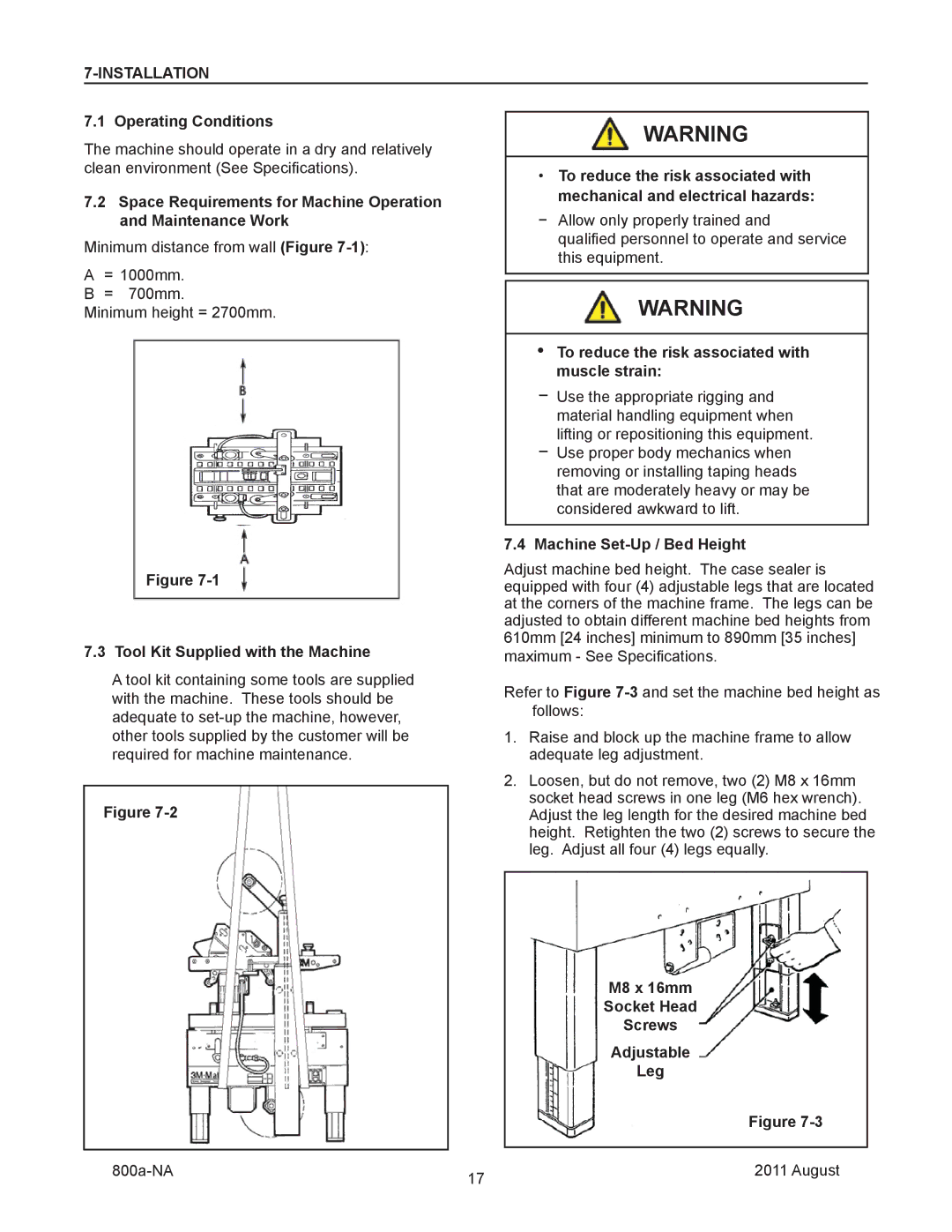 3M 800a manual Installation, Tool Kit Supplied with the Machine, Machine Set-Up / Bed Height 