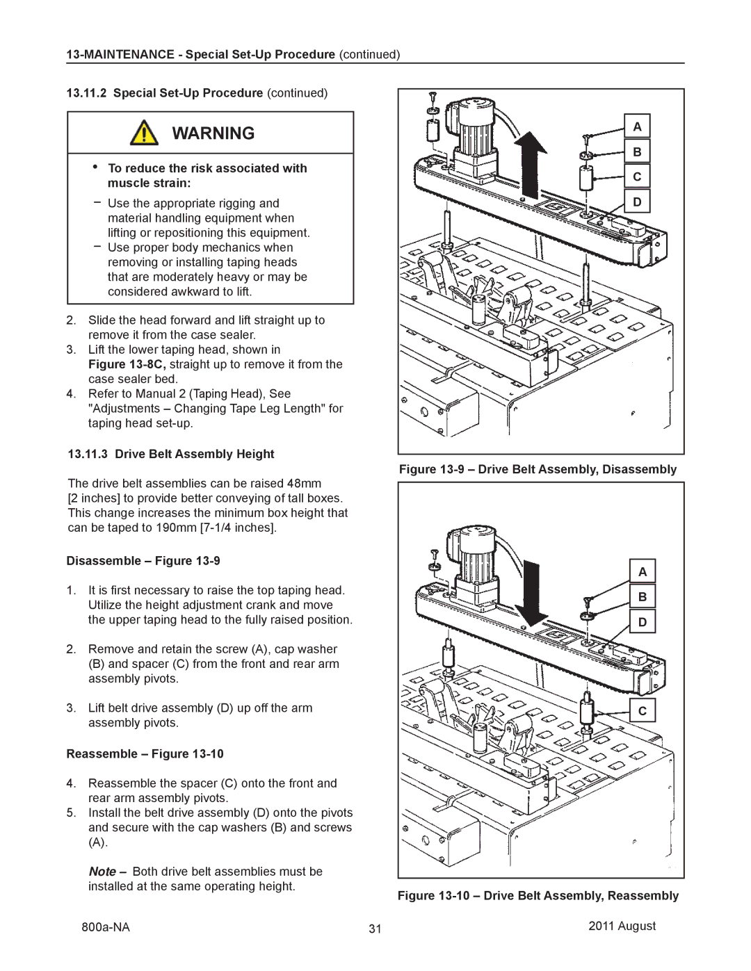 3M 800a manual Drive Belt Assembly Height, Disassemble Figure, Reassemble Figure 