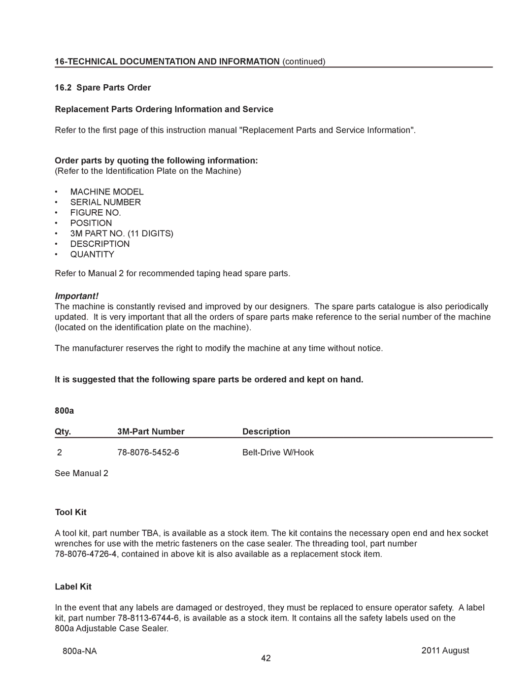 3M 800a manual Machine Model Serial Number, Label Kit 