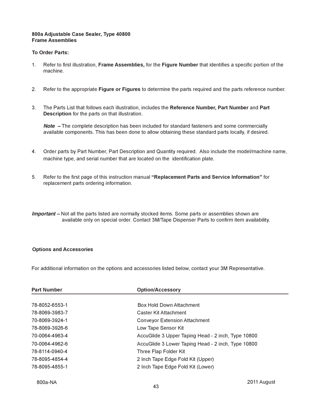 3M 800a manual Options and Accessories, Part Number Option/Accessory 