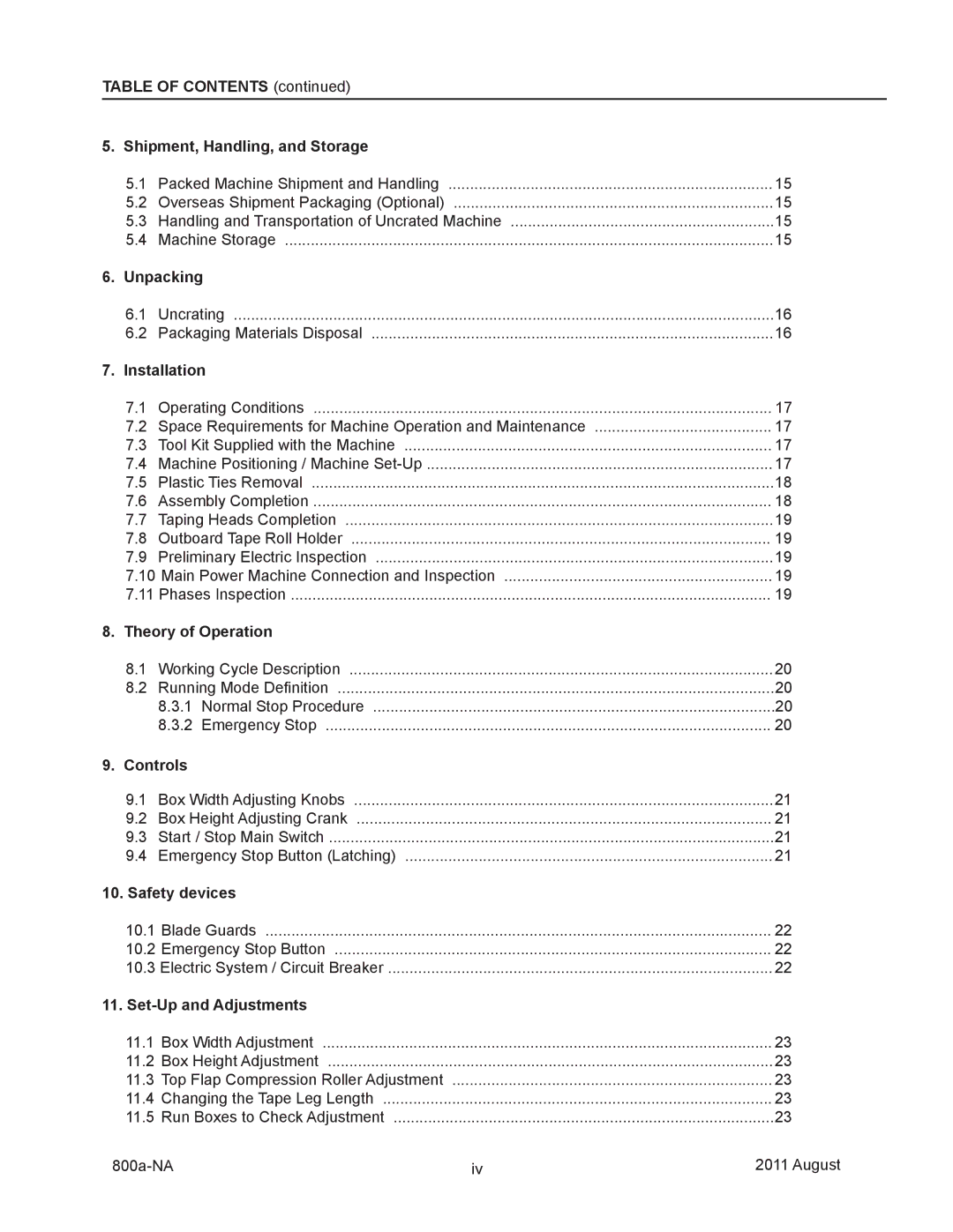 3M 800a manual Table of Contents Shipment, Handling, and Storage, Unpacking, Installation, Theory of Operation, Controls 